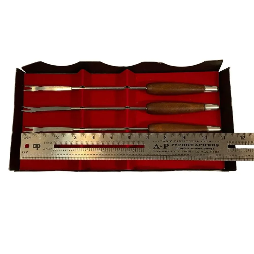 Ernest Sohn Fondue Forks Stainless Steel Teak Wood Set Of 4 MCM Mid Century NOS